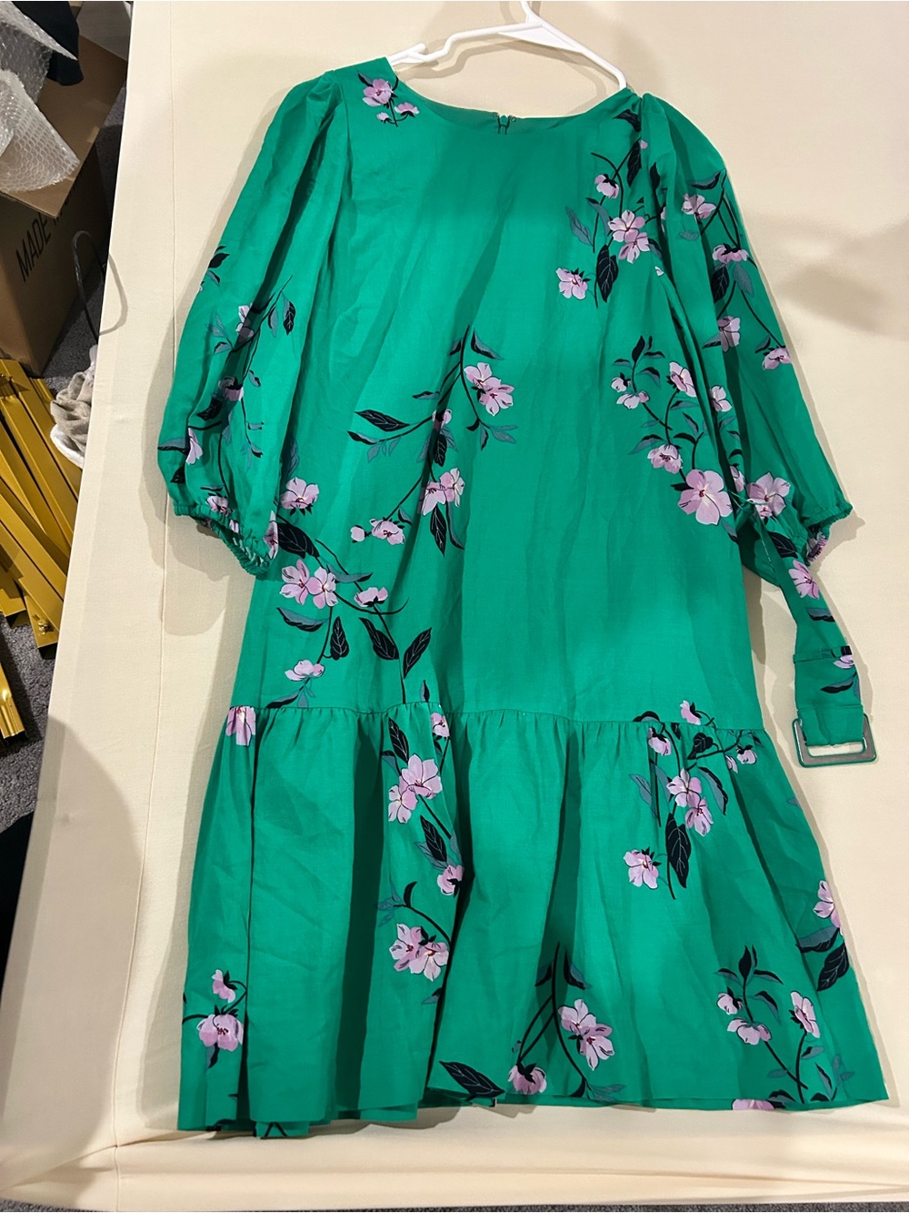 Ann Taylor Green Floral Puff-Sleeve Mini Dress
